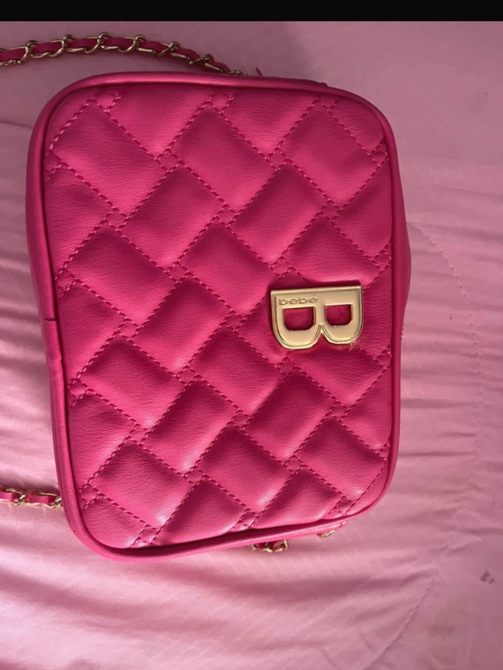 bebe Quilted Hot Pink Crossbody with Gold B Accent